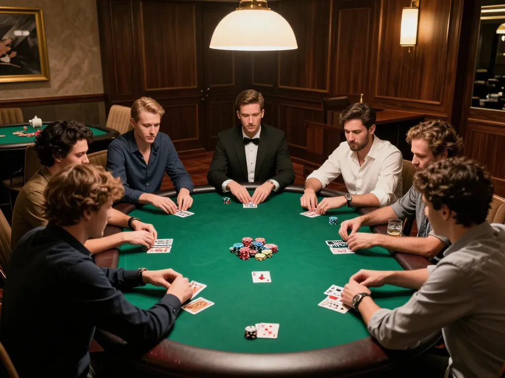 Players engaging in intense poker gameplay in an upscale setting, showcasing MM88 strategies.