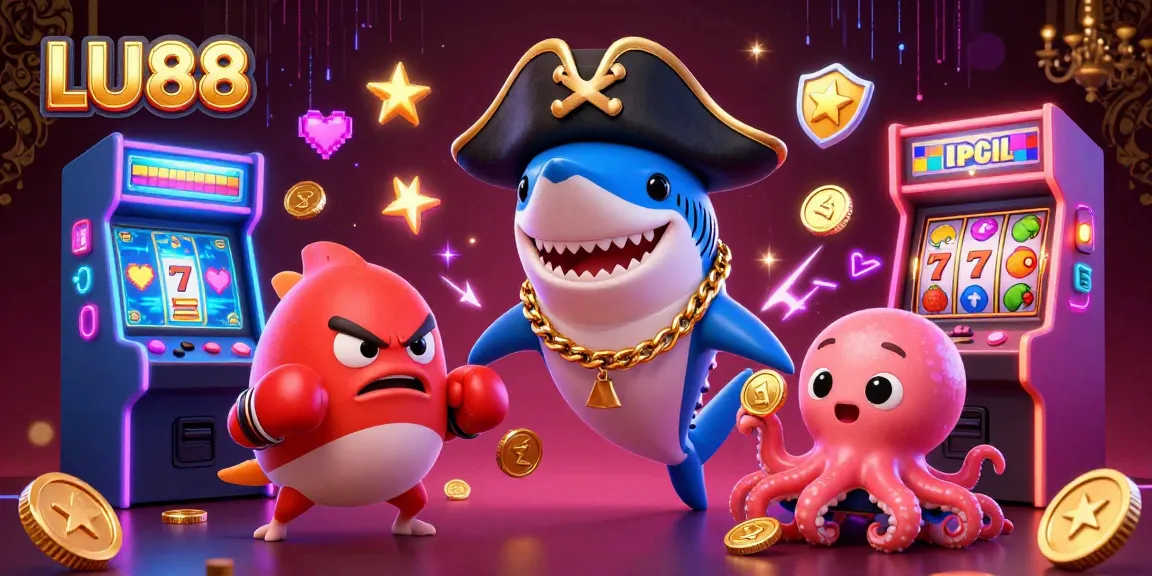 Experience thrilling gameplay at LU88 with a vibrant casino scene featuring a pirate shark and friends.