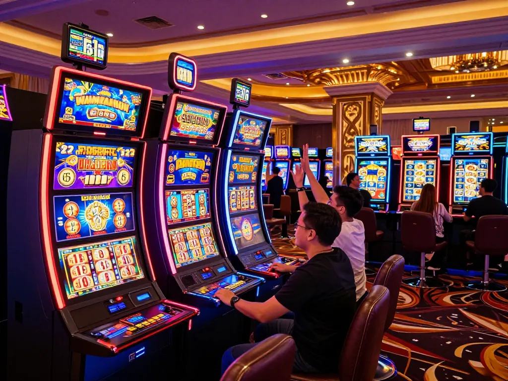 Players celebrating a jackpot win on slot gacor machines in a vibrant casino atmosphere