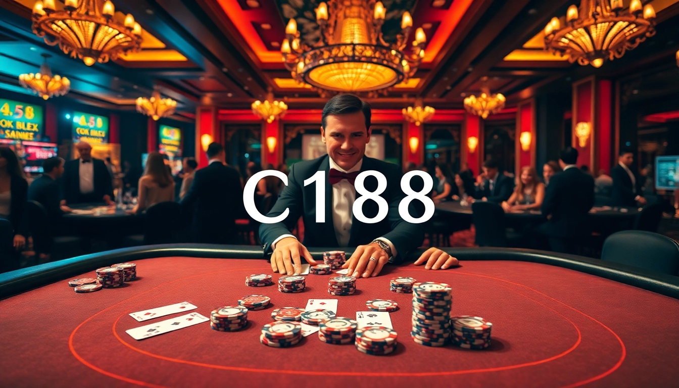 Players enjoy a vibrant live casino experience at c168.sh with high-stakes poker and glamorous decor.