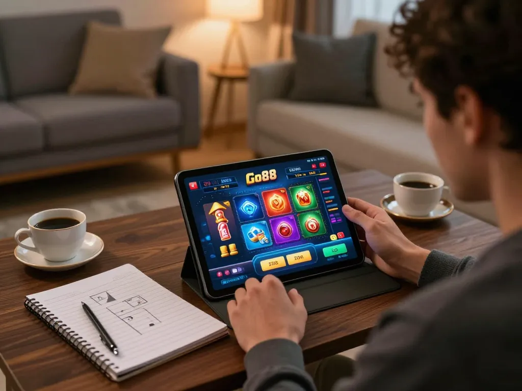 Player engaged with Go88 app on tablet, highlighting online casino excitement and strategic gameplay.