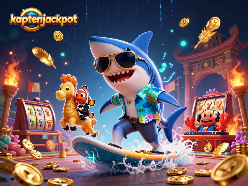 Experience excitement with kaptenjackpot as a shark surfs gold coins in a vibrant digital scene.