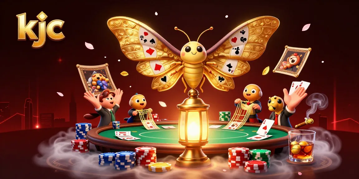 KJC captivates with a golden-winged moth amidst vibrant casino scenes, showcasing poker excitement.