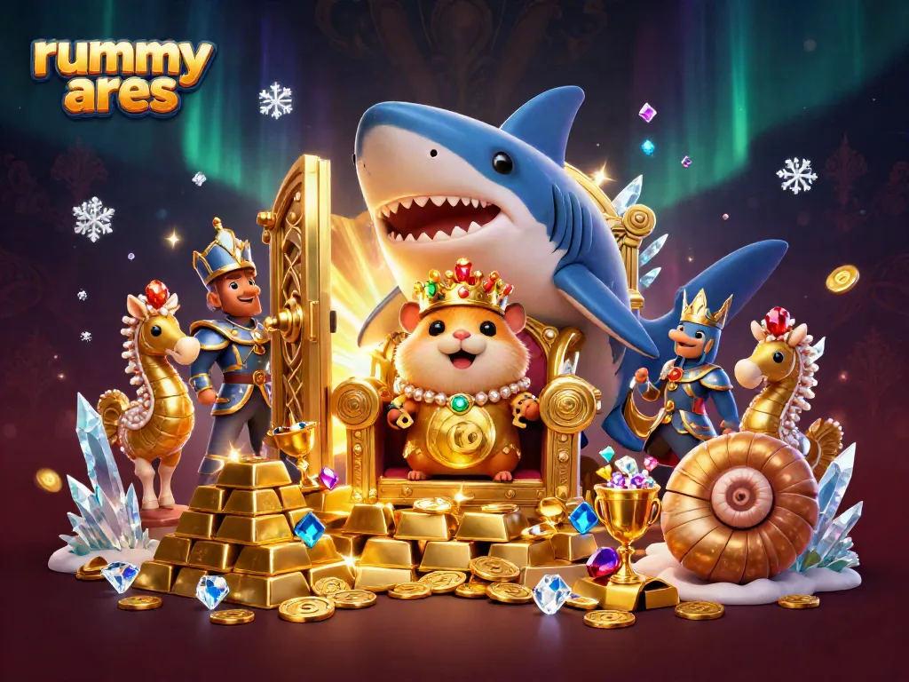 Experience thrilling gameplay at Rummy Ares with royal hamster king and a treasure-filled scene.