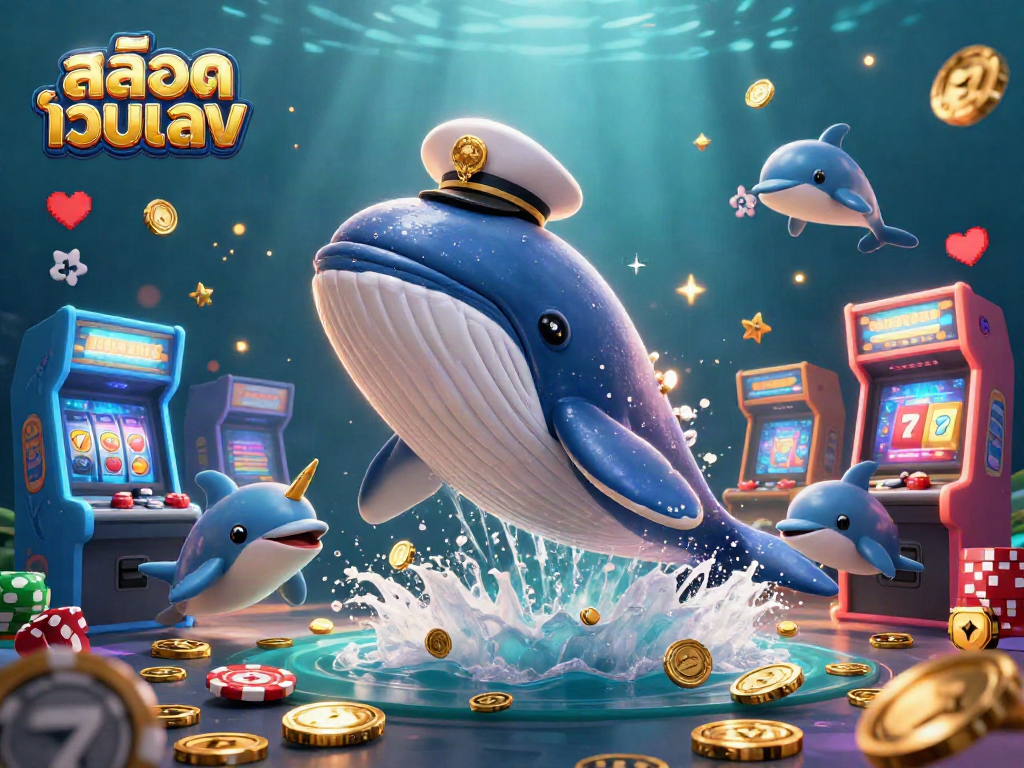 Spin and win big with สล็อตเว็บตรง as a whale breaches through coins in a vibrant casino scene.