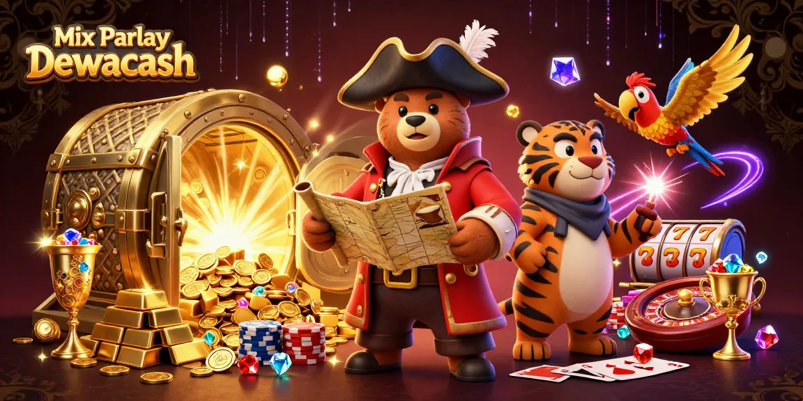 Experience thrilling Mix Parlay Dewacash action with treasure-themed casino elements and vibrant characters.