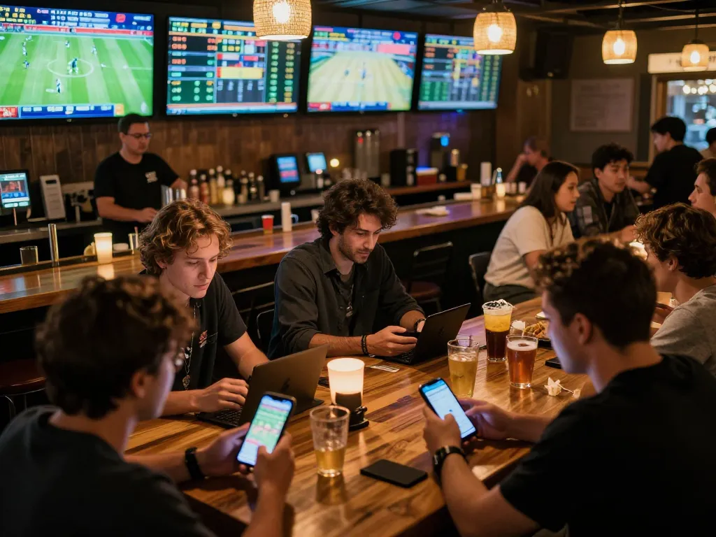 Engaged bettors analyzing tỷ lệ nhà cái during a sports betting event at a lively bar atmosphere