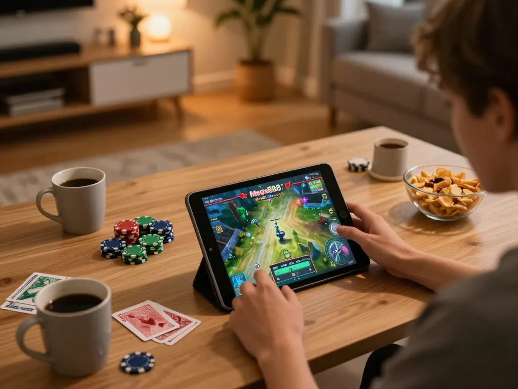 Engaging in online betting while downloading aplikasi mega888 on a tablet, cozy home atmosphere.