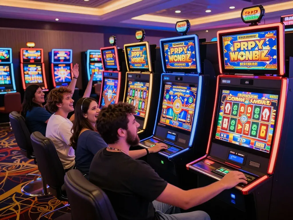 Players enjoying the experience at Zeus138's vibrant online slot machines, showcasing excitement and high RTP.