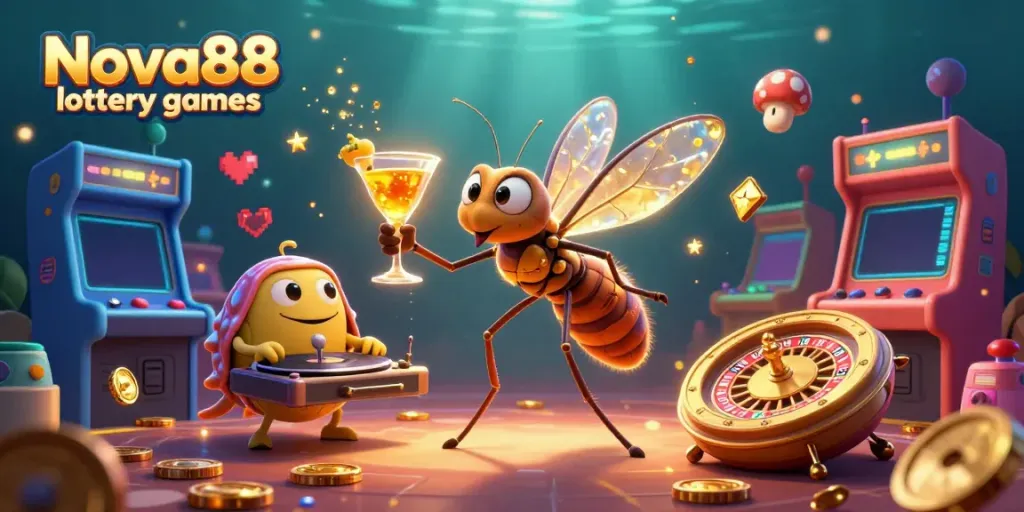 Experience the excitement of Nova88 lottery games with vibrant characters and gaming elements in a stunning 3D scene.