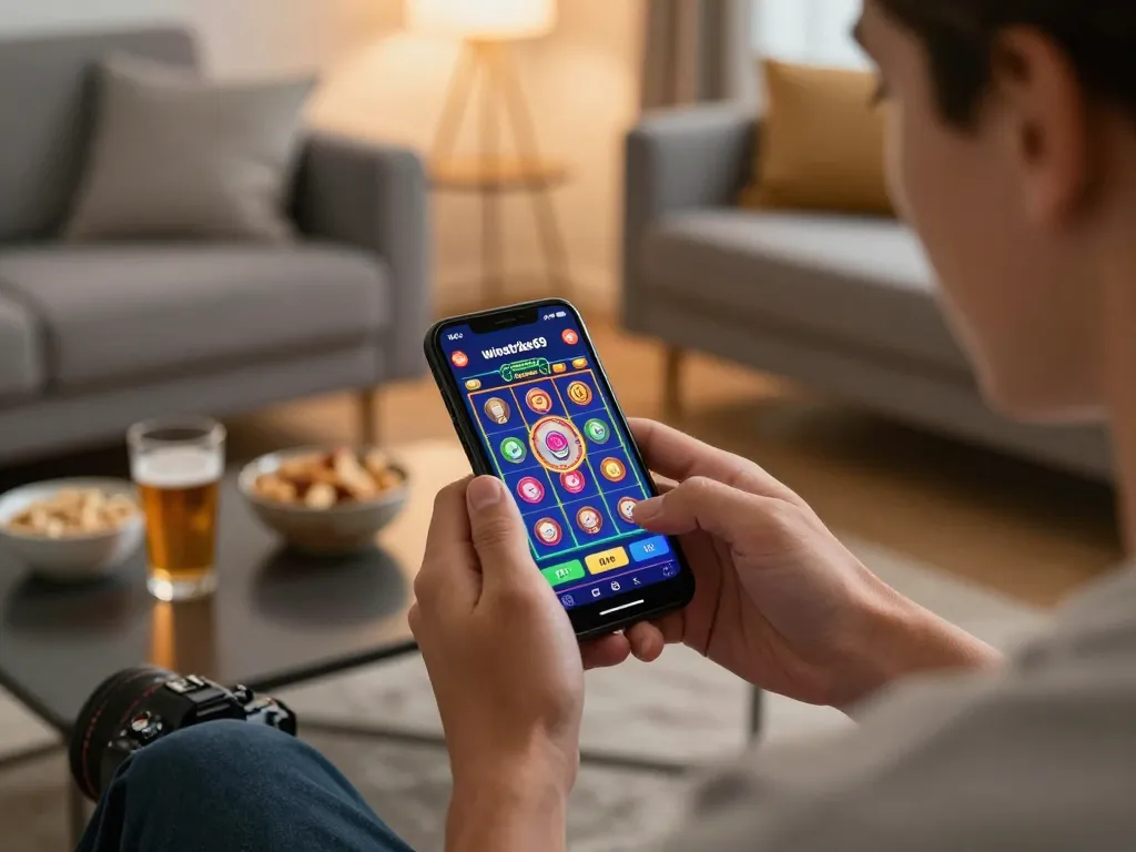 Engaging in winstrike69 mobile gaming, a player focuses on a vibrant slot app on their smartphone at home.