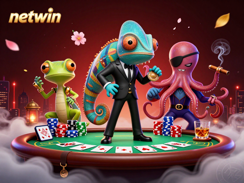 Experience thrilling poker action with netwin's dynamic characters in a vibrant casino scene.