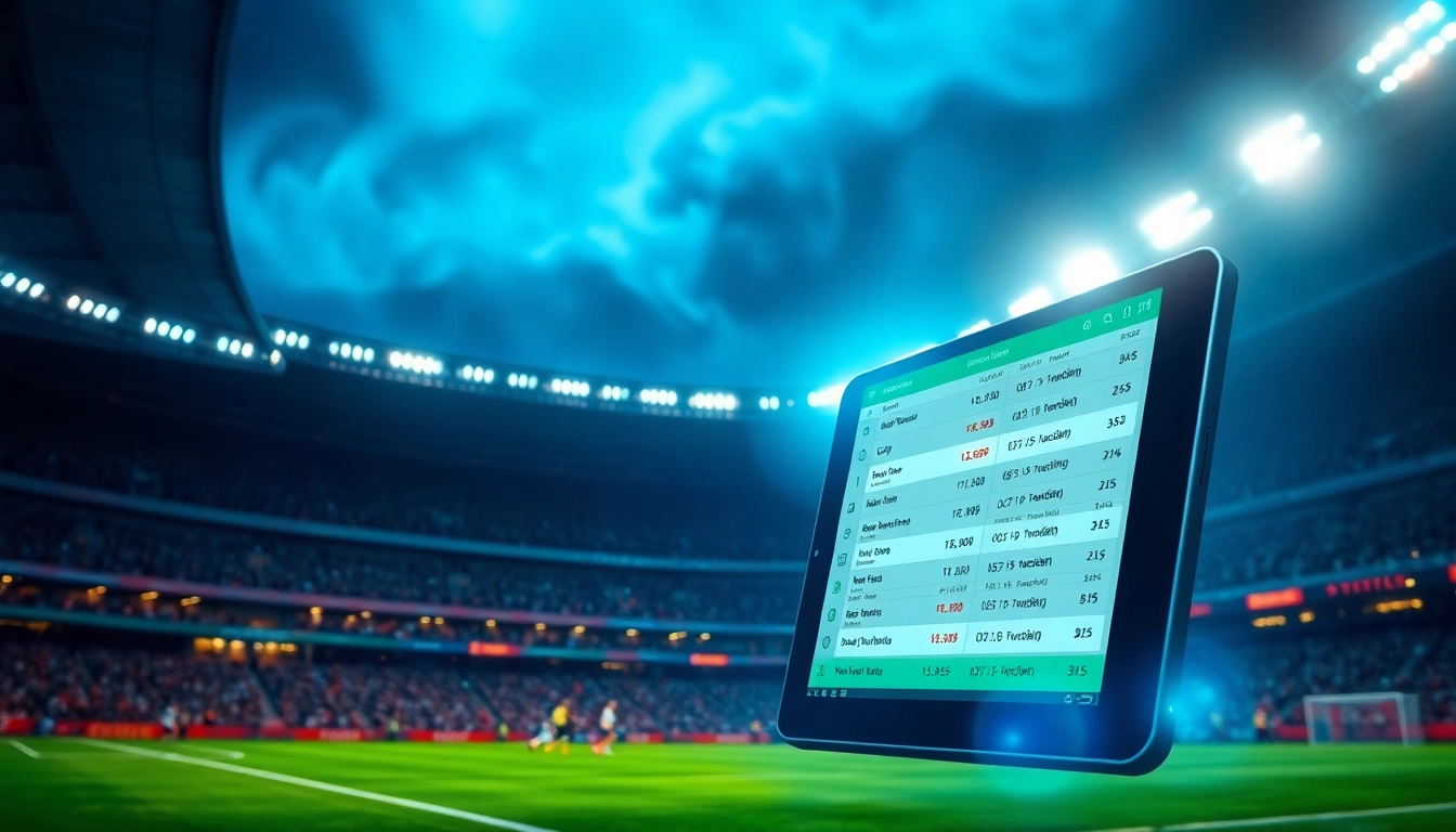 Engaging kèo nhà cái 5 display on a digital device, showcasing live betting odds in a football stadium setting.