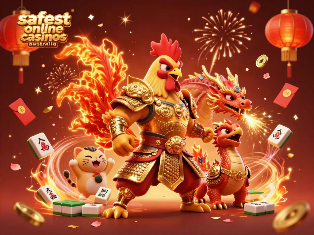 Cheerful scene depicting the safest online casinos Australia with a rooster warrior, dragon hatchling, and fortune cat.