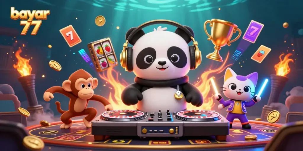 Experience a vibrant gaming scene featuring bayar 77 with a DJ panda, breakdancing monkey, and rave kitten.