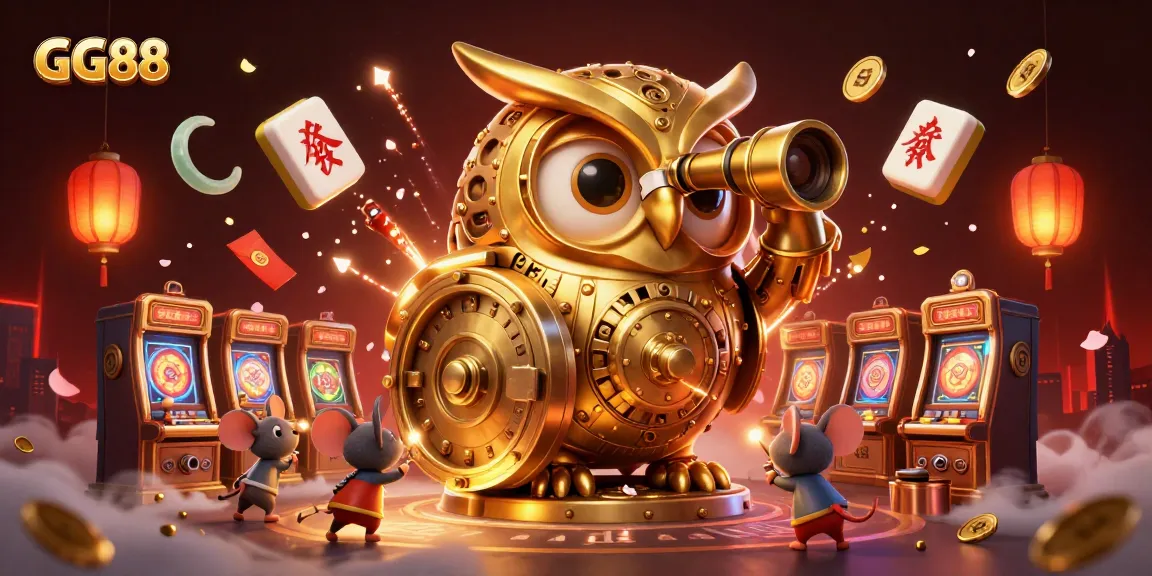 Engage with GG88's vibrant online casino atmosphere featuring golden owl clockwork amid lively slots.