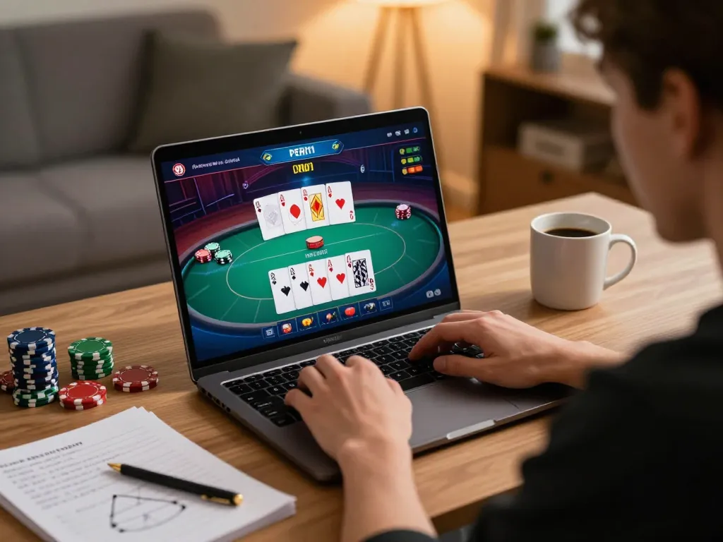 Experience exciting poker gameplay with PERI11 online on a laptop, showcasing vibrant strategies.