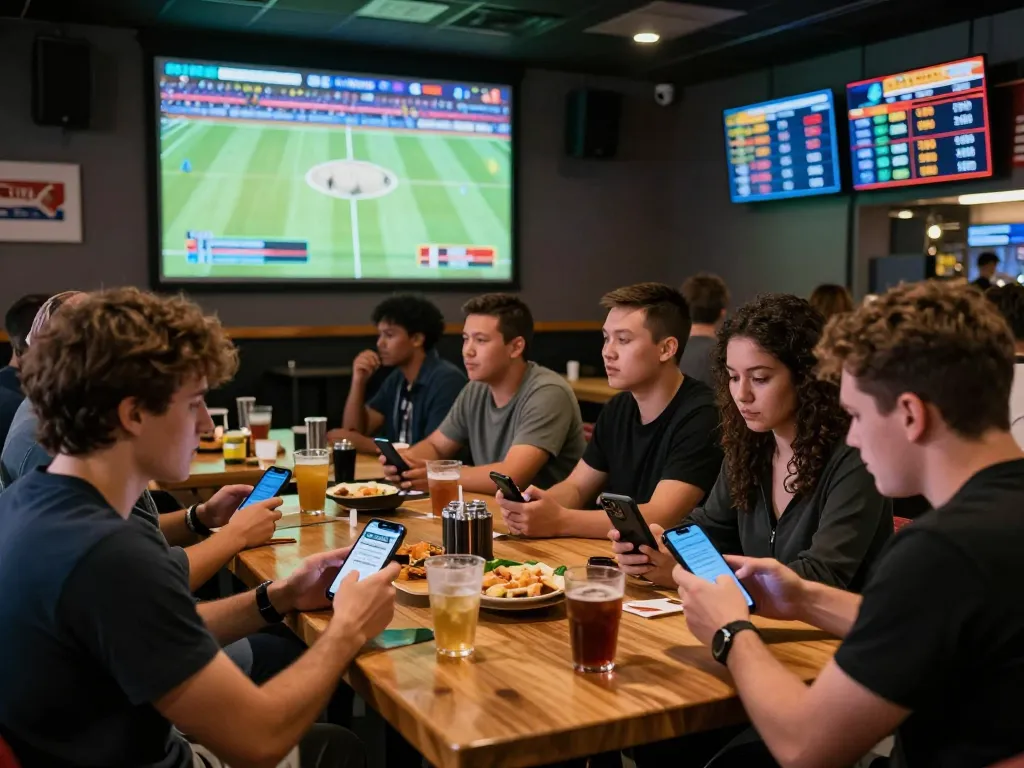 Friends engaging in sports betting at a lively bar, checking kèo nhà cái on their devices.
