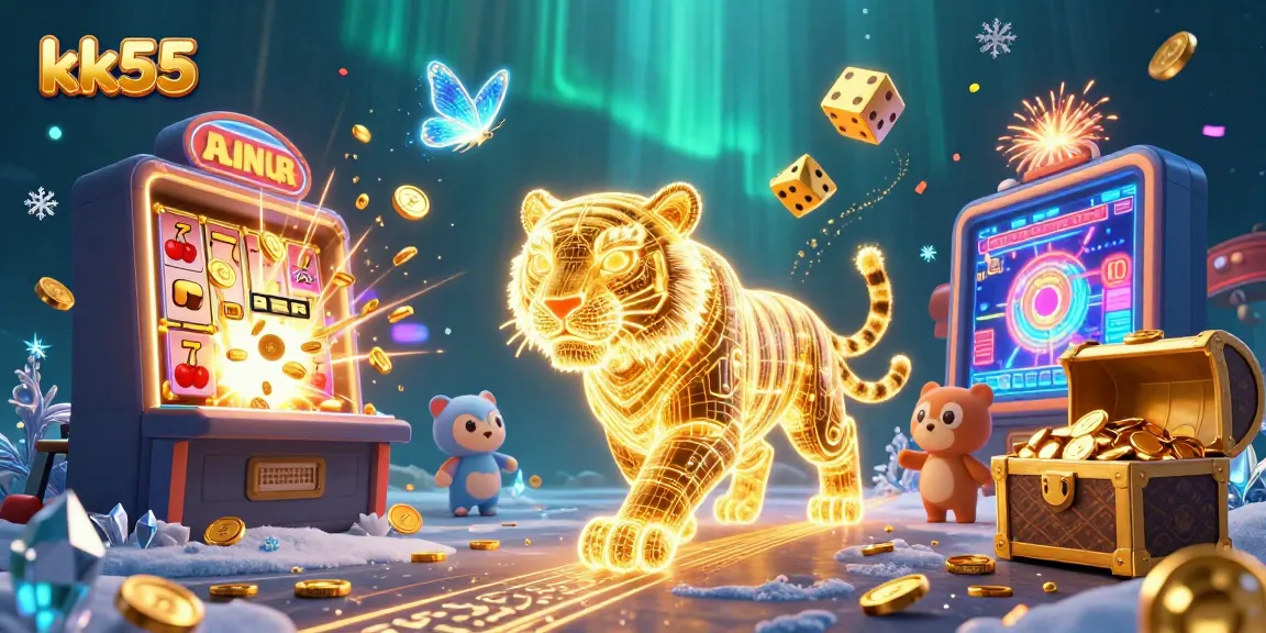 Experience the excitement of kk55 with a vibrant digital casino featuring a glowing tiger and action-packed visuals.