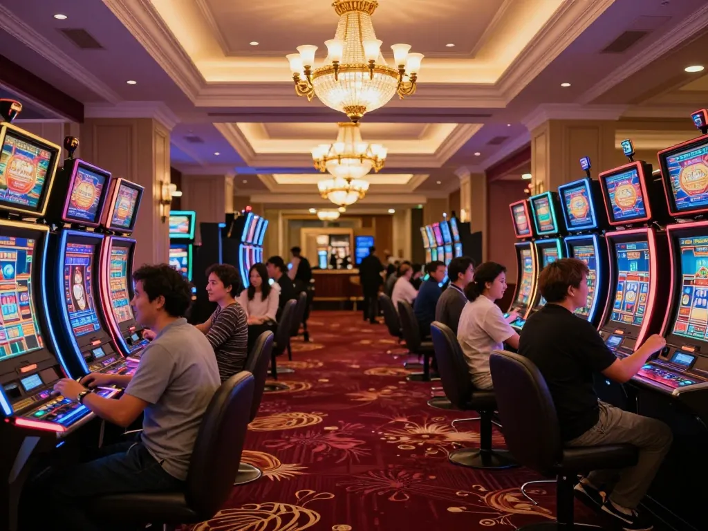 Sunwin players engaging with vibrant slot machines in a luxurious casino atmosphere, showcasing excitement and entertainment