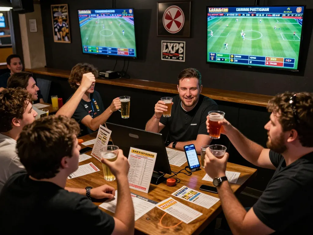 People celebrating a winning bet using the LV88 sports betting app in a lively bar.