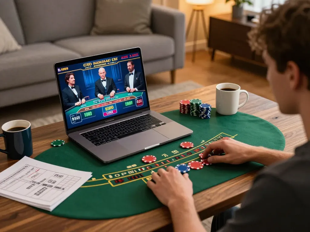 Engaging in live dealer baccarat on a laptop at home, showcasing kasino gameplay.