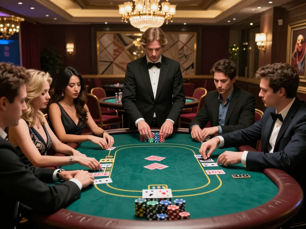 Engaged players enjoying poker at Luck8 casino, creating a vibrant gambling atmosphere.