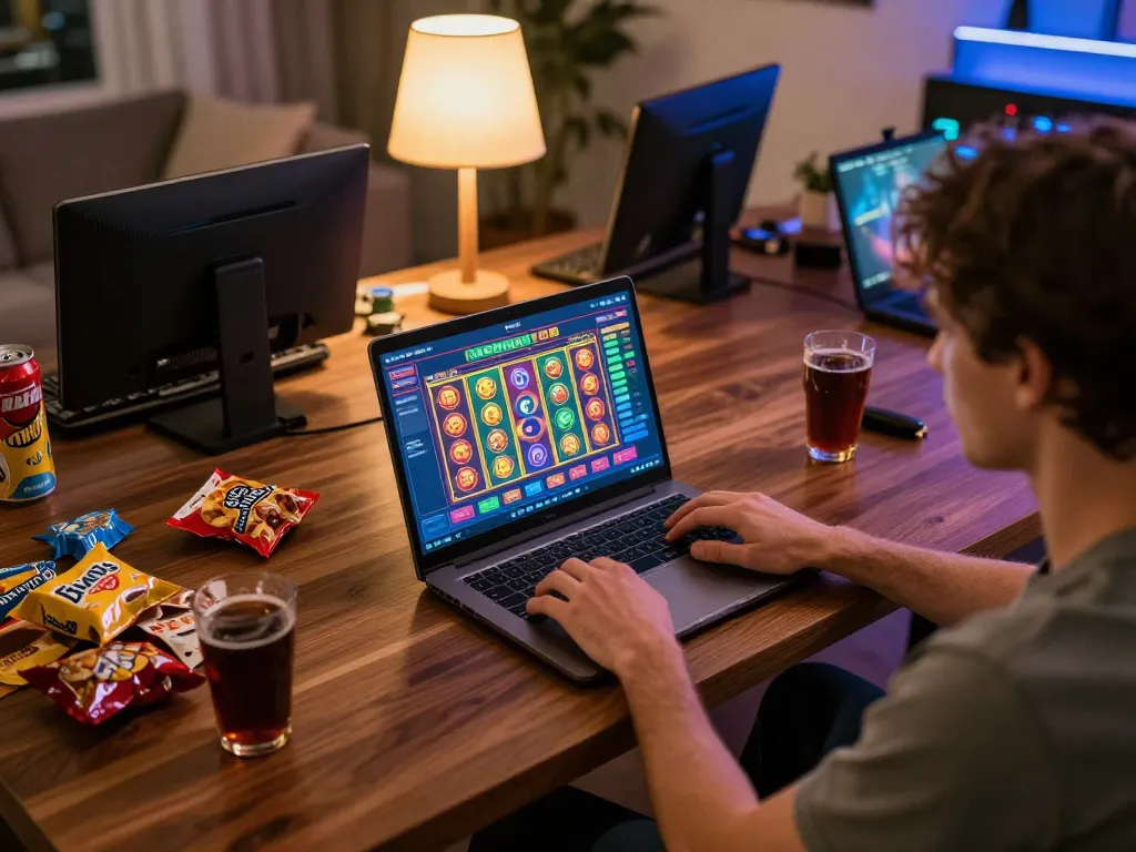 Player engaging with w4u online casino interface while enjoying a relaxed home atmosphere, showcasing dynamic gambling action