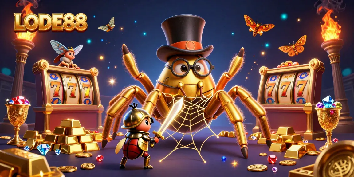 Winning with LODE88 as a giant spider spins golden webs among slot reels and treasure.