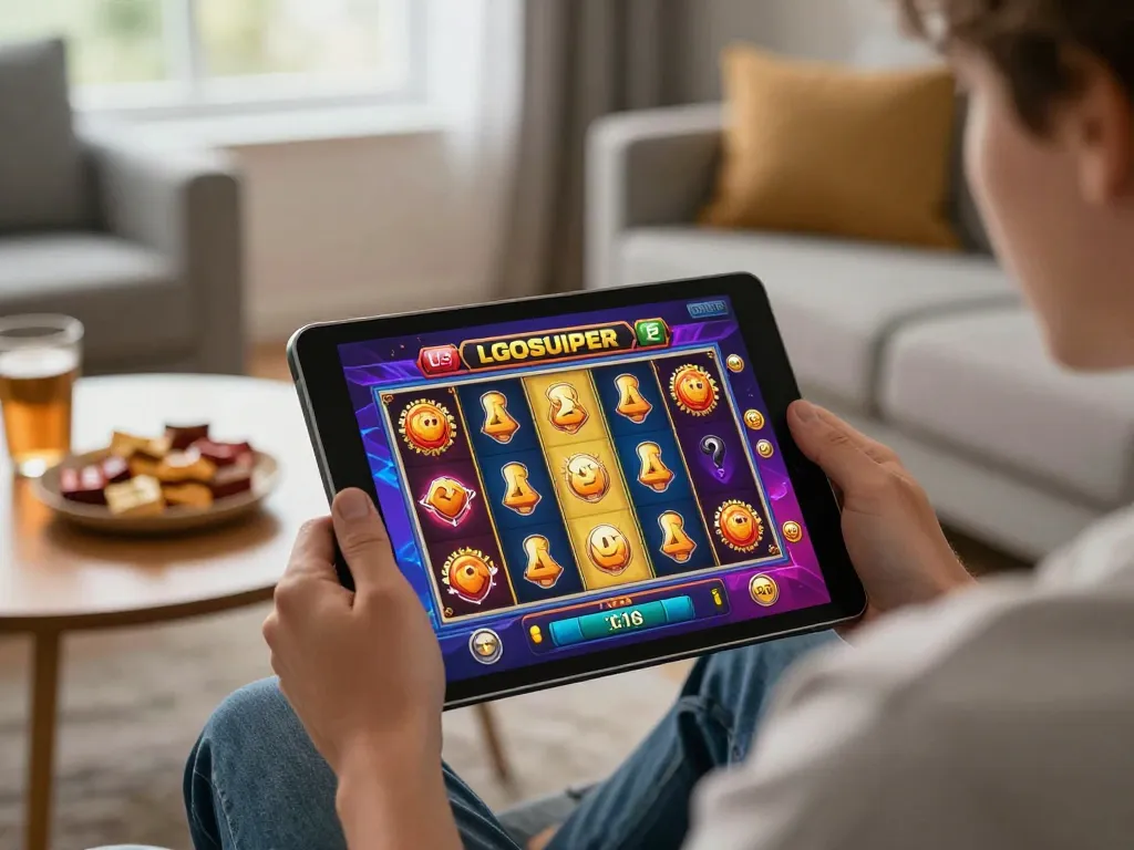 Engaging slot gameplay at LGOSUPER displayed on a tablet in a cozy home setting