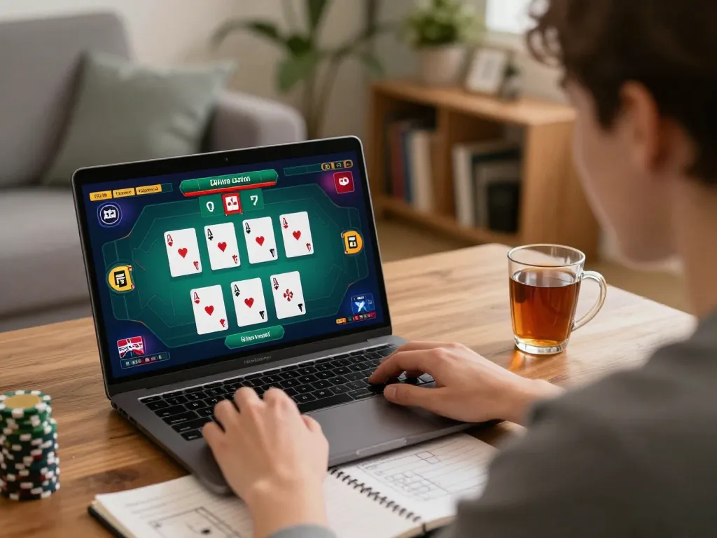 Engaging gameplay on Canada online casinos; player focused on poker strategy in a cozy home setting.