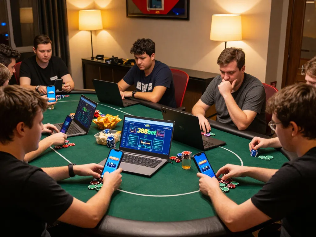Players engaging with the nhà cái 388bet platform during an intense online poker game, showcasing strategic gameplay.