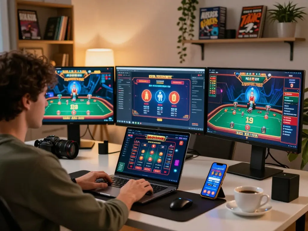 Engaging in online gambling at home, displaying various games on the laptop and smartphone at https://kjc.events/.