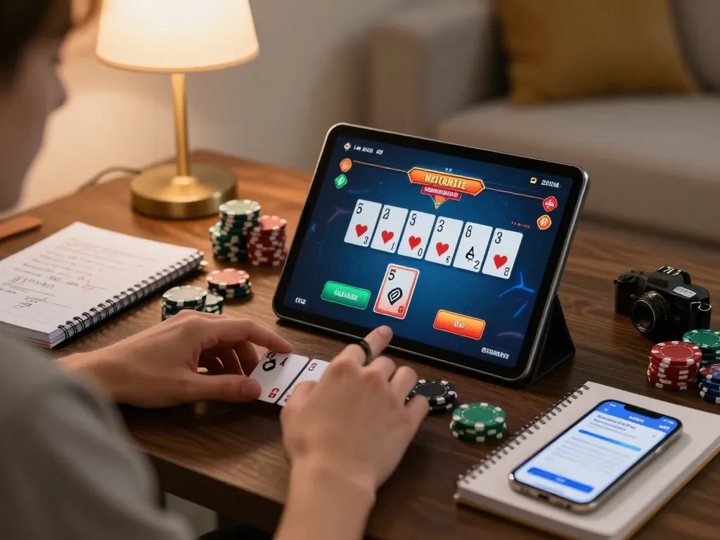 Engaging in online poker at home using MPOID platform, showcasing strategic gameplay.