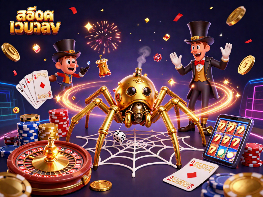 Engage with สล็อตเว็บตรง in a vibrant 3D casino scene depicting a steampunk spider and a fly gentleman.