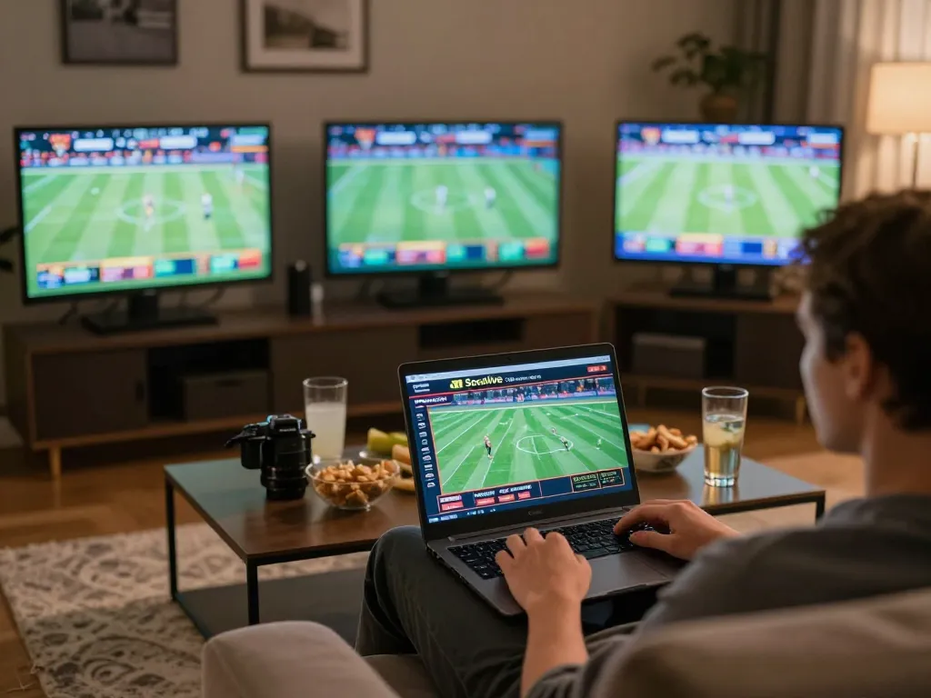 Socolive sports betting action, dynamic home setup with live matches, engaging atmosphere.
