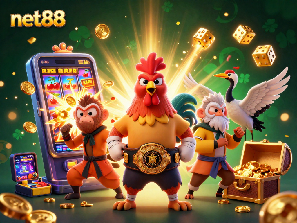 Experience net88 gaming excitement with fierce rooster, monkey martial artist, and crane master in 3D slots action.