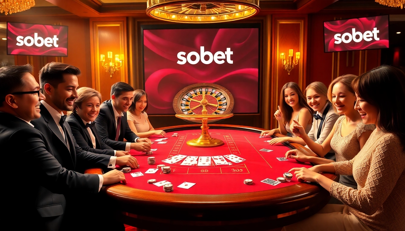 Sbobet link displayed in an elegant casino setting while players enjoy table games.