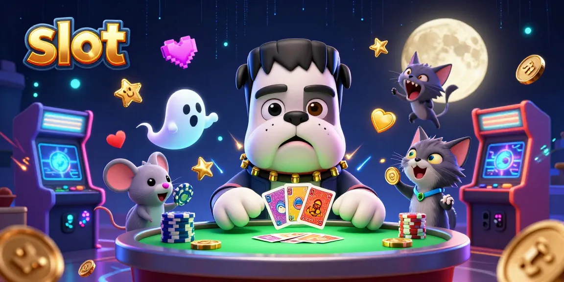 Engage in thrilling slot action with a Frankenstein bulldog dealer and ghost mouse at a colorful casino.