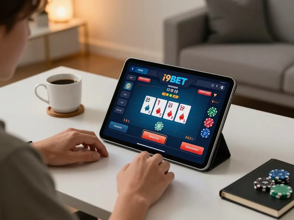 Player engaging in online poker at i9BET app on tablet, showcasing comfortable home setting.