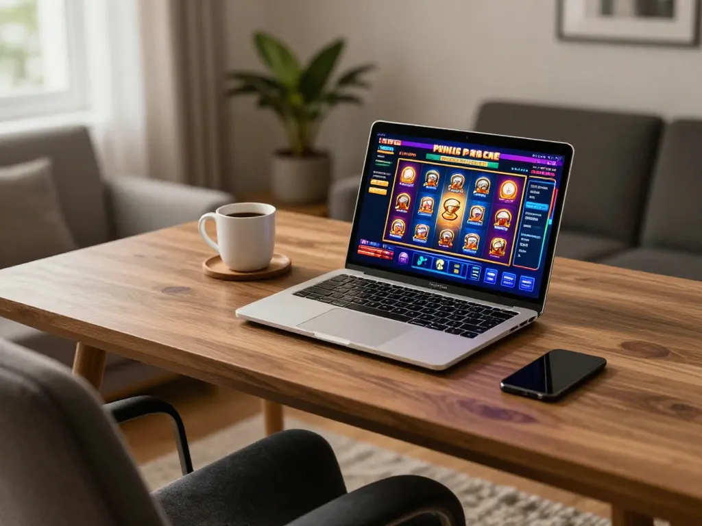 Berinteraksi dengan permainan slot pulsa di laptop dalam pengaturan rumah yang nyaman, menyoroti perjudian yang bertanggung jawab.