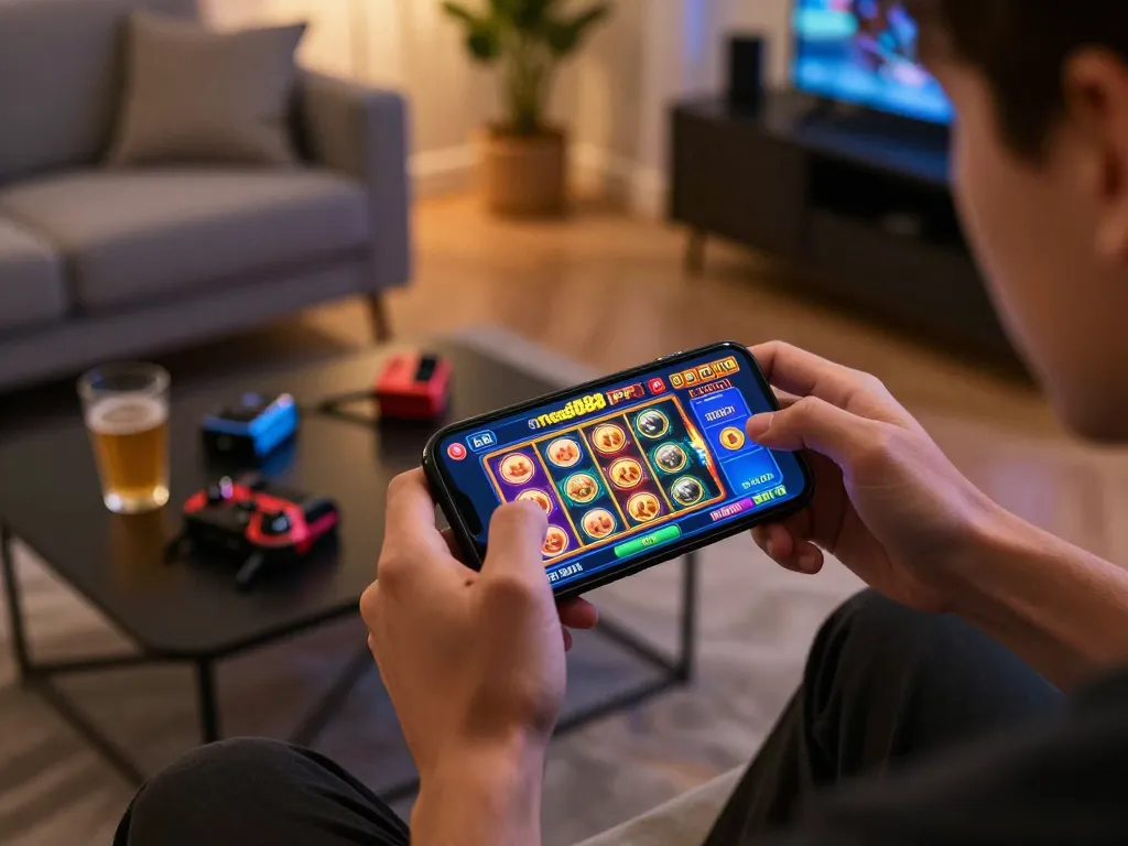 Engaged player enjoying the mega888 apk on smartphone in a cozy home environment