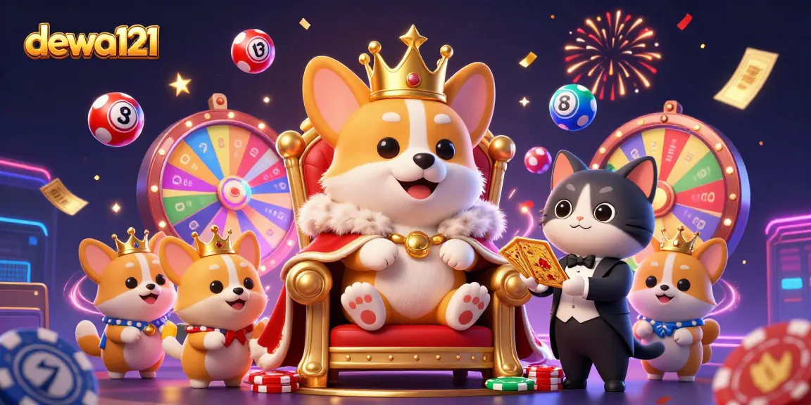 Rasakan kegembiraan menang dengan dewa121 saat bola lotre berwarna-warni dan tiket emas terbang di sekitar corgi kerajaan