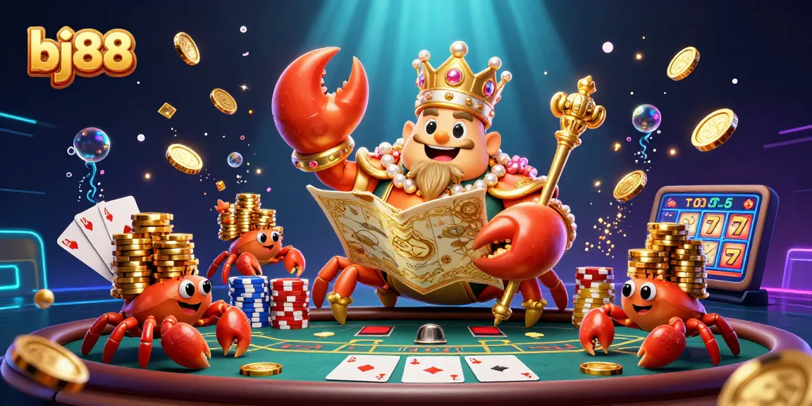 Engage with bj88's epic gaming world featuring a golden crab emperor and vibrant casino elements.