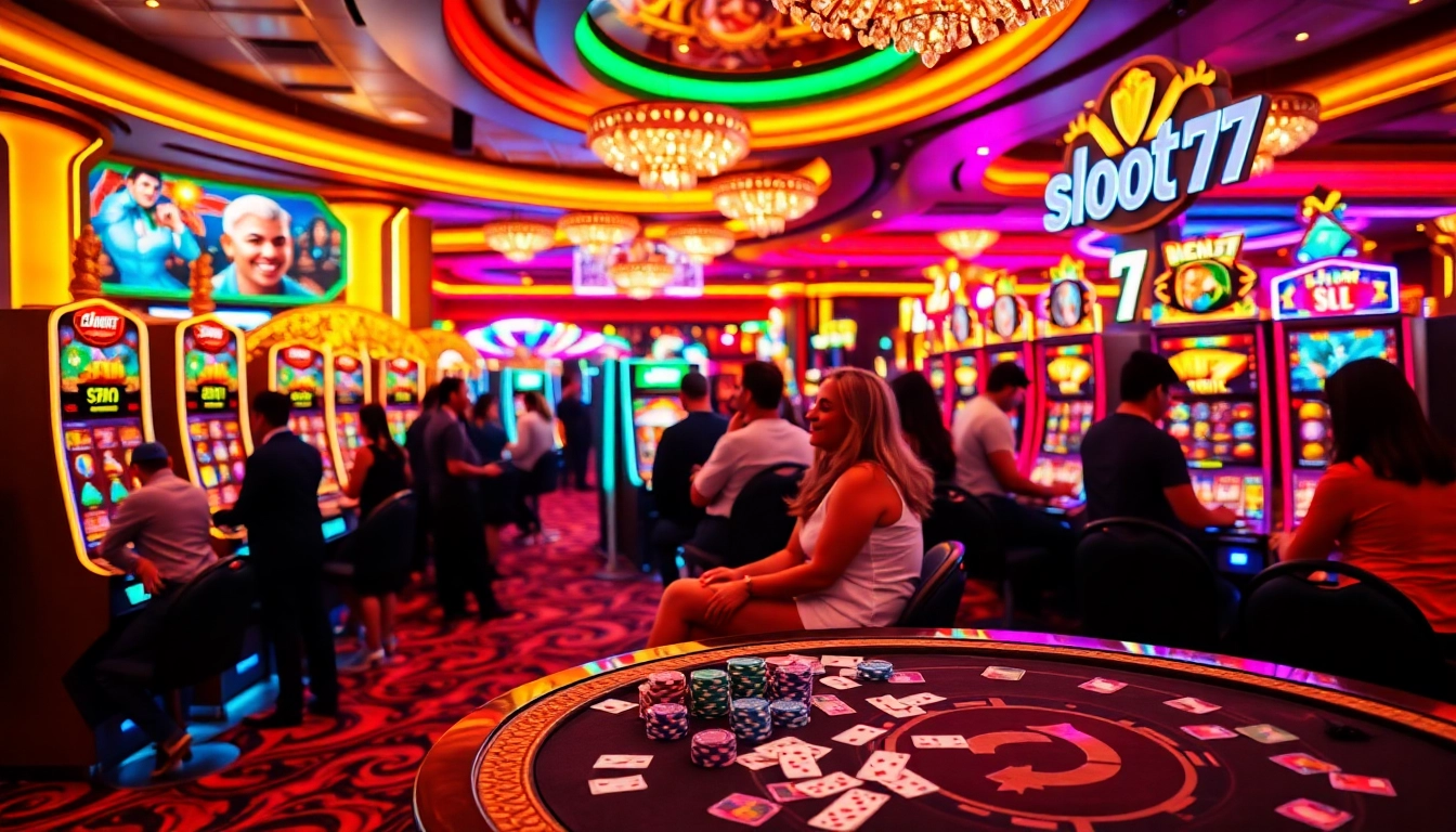 Players enjoying a thrilling experience at the slot777 login section in a vibrant casino atmosphere.