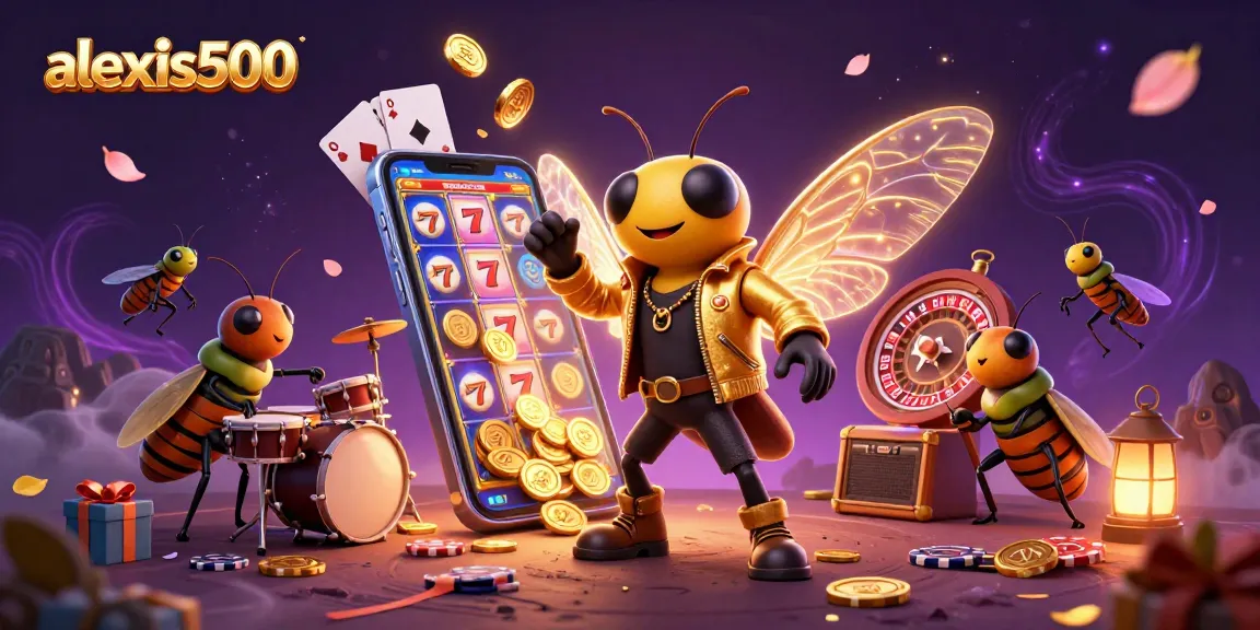 Join the excitement of alexis500 with a vibrant 3D casino scene featuring a rock star cicada and colorful slot games.