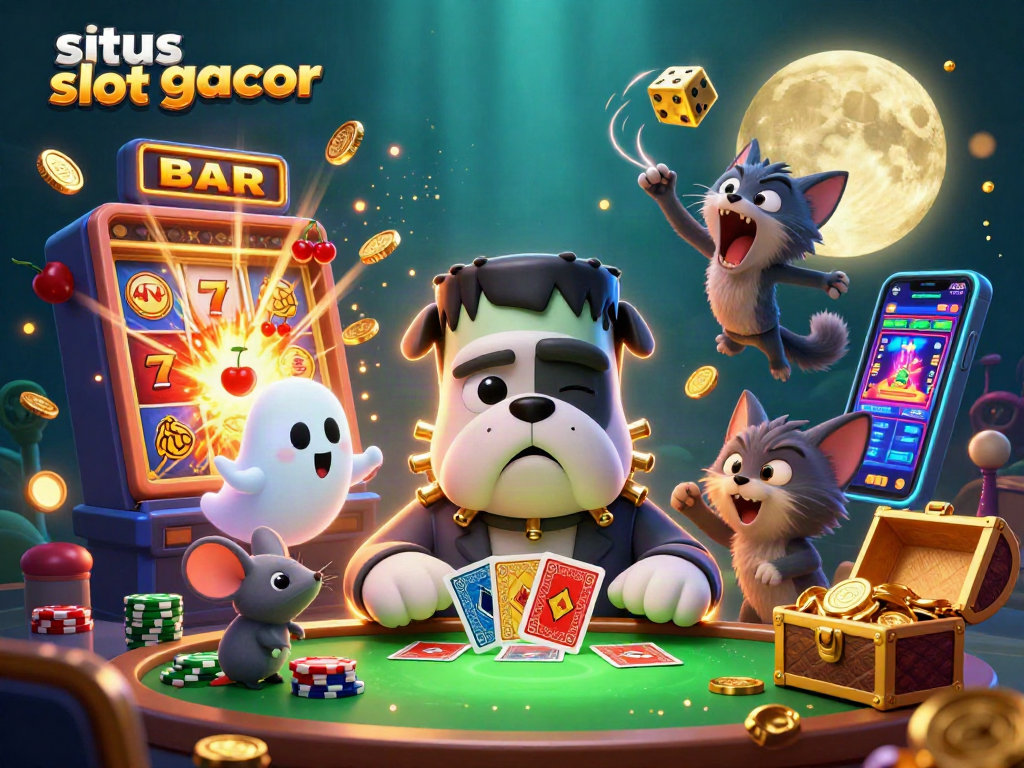 Engage in exciting slots at situs slot gacor while a cartoon bulldog deals cards and wins big!