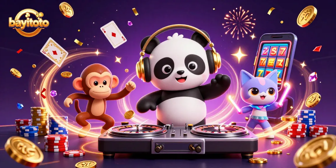Experience bayitoto's excitement with vibrant casino characters, coins, and spinning roulette.