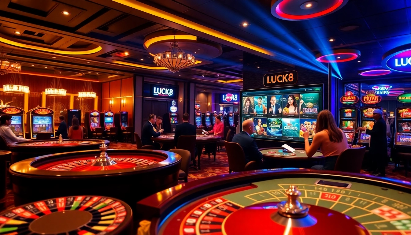 LUCK8 casino environment with roulette wheels, poker tables, vibrant chips and online gaming screens.