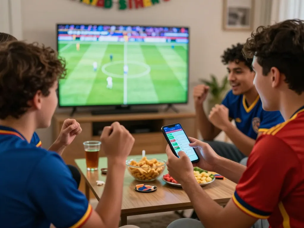 Engaged friends placing bets on mposport during an intense live football match in a lively home setting.